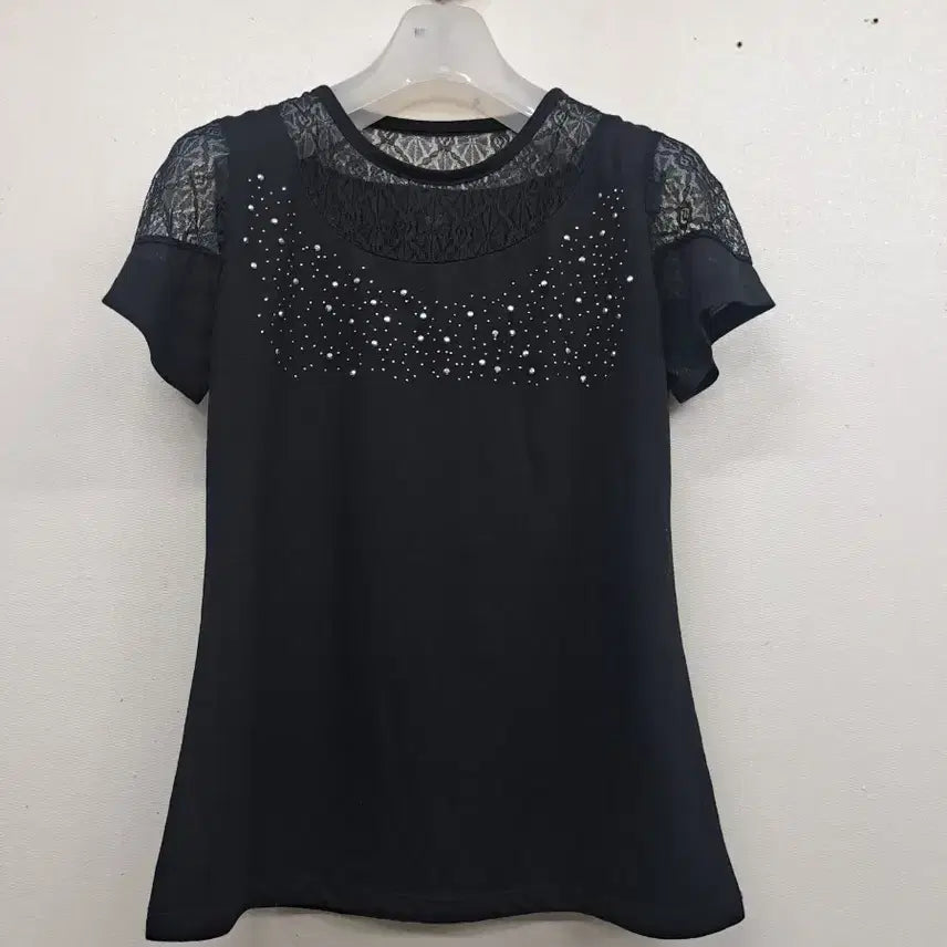 [BUNJANG] Black Mesh Detail Cubic Short Sleeve T-Shirt - Size 55 / 망사매치 티셔츠55