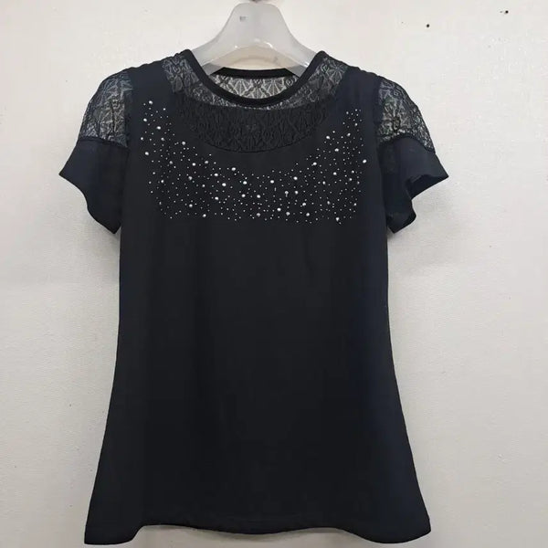 [BUNJANG] Black Mesh Detail Cubic Short Sleeve T-Shirt - Size 55 / 망사매치 티셔츠55