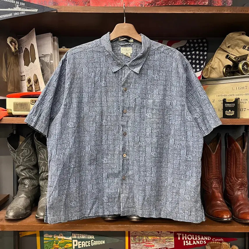 [BUNJANG] LLBean Native Geometric Pattern Wood Button Hawaiian Short Sleeve Shirt XL / 엘엘빈 네이티브 기하 패턴 우드 버튼 하와이안 반팔 셔츠 N1897