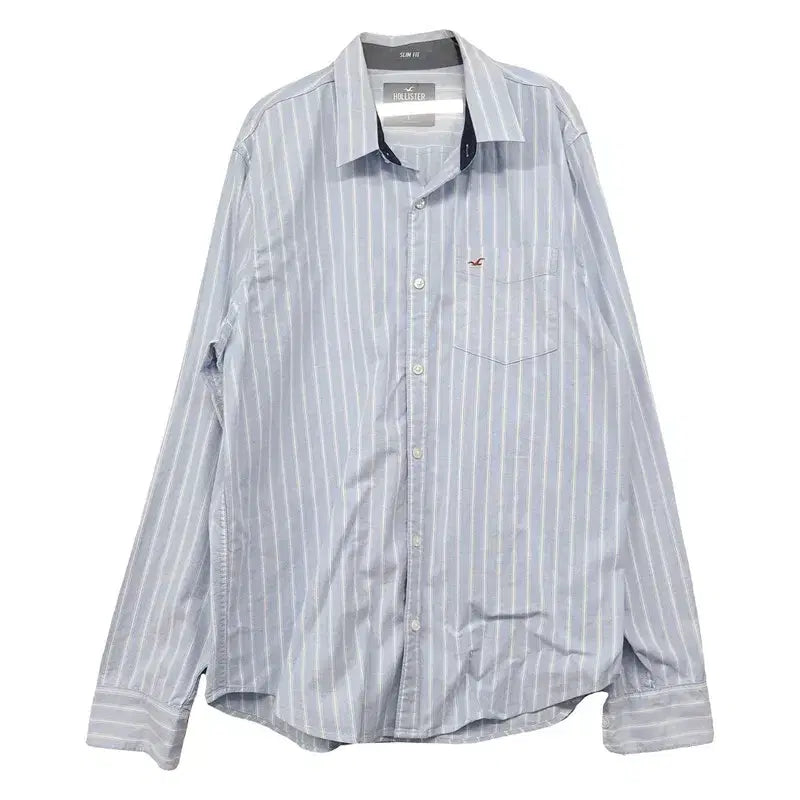 [BUNJANG] Hollister Striped Light Blue Logo Shirt L / 홀리스터 스트라이프 라이트 블루 로고 셔츠 L