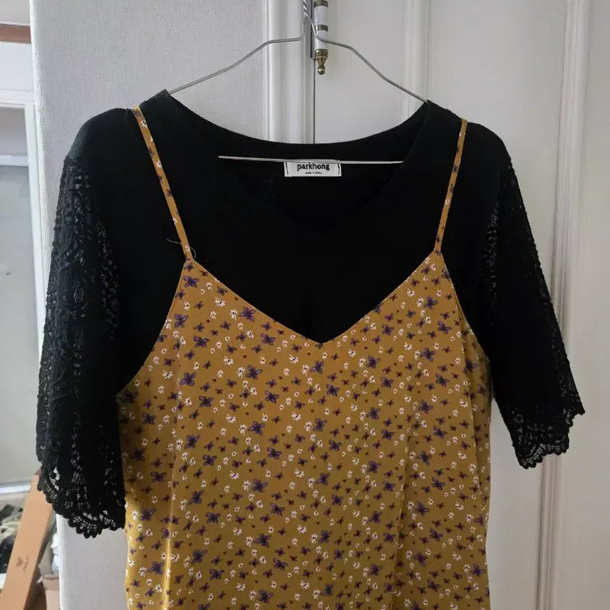 [BUNJANG] Floral Print Bustier Strap Dress Set (Mustard/Black) / (무배)뷔스티에 끈 원피스 겨자 노란색+블랙티 세트