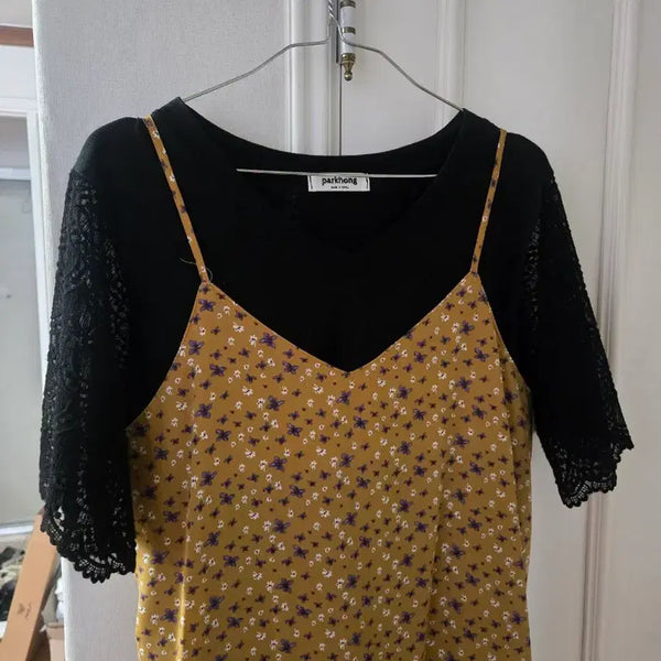 [BUNJANG] Floral Print Bustier Strap Dress Set (Mustard/Black) / (무배)뷔스티에 끈 원피스 겨자 노란색+블랙티 세트