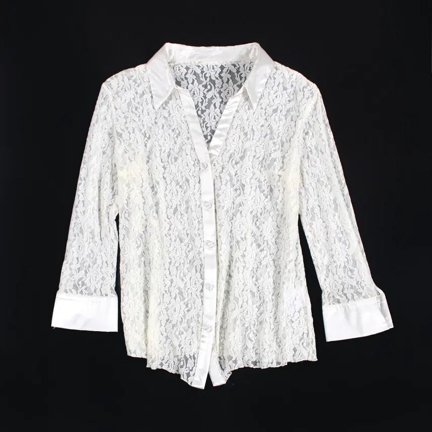 [BUNJANG] Vintage European Lace See-through Satin Blouse / 유럽 빈티지 레이스 시스루 새틴 셔츠 블라우스