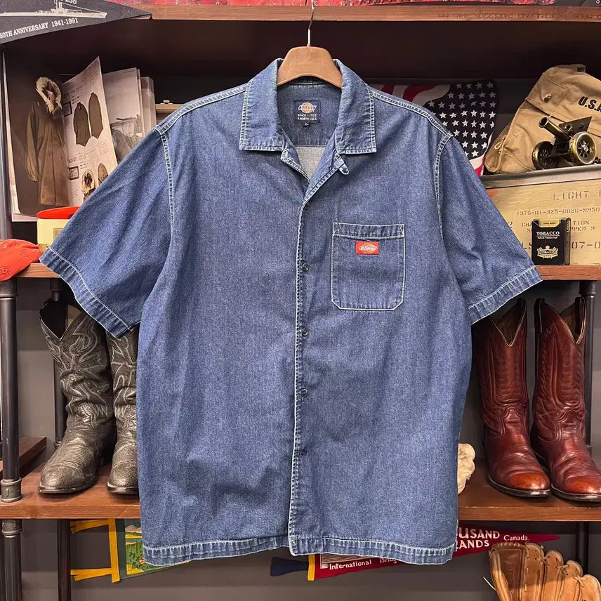 [BUNJANG] Dickies Vintage Logo Patch Open Collar Denim Short Sleeve Shirt / 디키즈 빈티지 로고 패치 오픈카라 데님 반팔 셔츠N1900