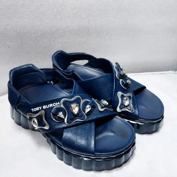 [BUNJANG] Tory Burch Embellished Navy Wedge Sandals / 토리버치정품네이비슬리퍼