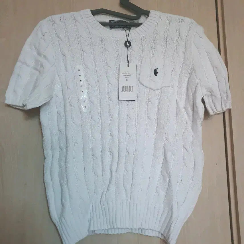 [BUNJANG] Polo Cable Knit Short Sleeve Pocket T-Shirt - White, Size M (New) / (새상품) 여성 폴로 꽈배기 반팔 포켓 니트티M