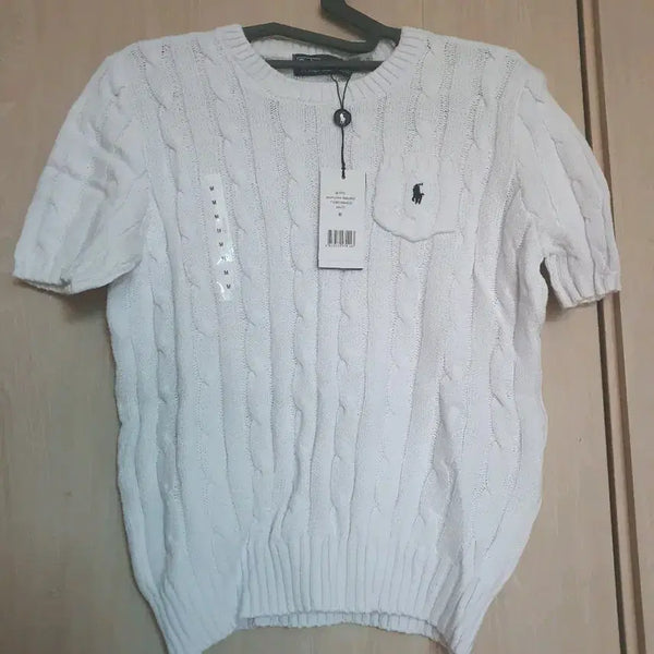 [BUNJANG] Polo Cable Knit Short Sleeve Pocket T-Shirt - White, Size M (New) / (새상품) 여성 폴로 꽈배기 반팔 포켓 니트티M