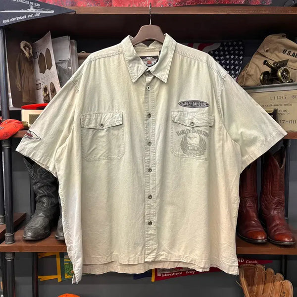 [BUNJANG] Harley-Davidson Embroidered Shoulder Patch Sun Fading Pocket Short Sleeve Shirt / 할리데이비슨 엠브로이드 숄더 패치 썬페이딩 포켓 반팔 셔츠 N1902