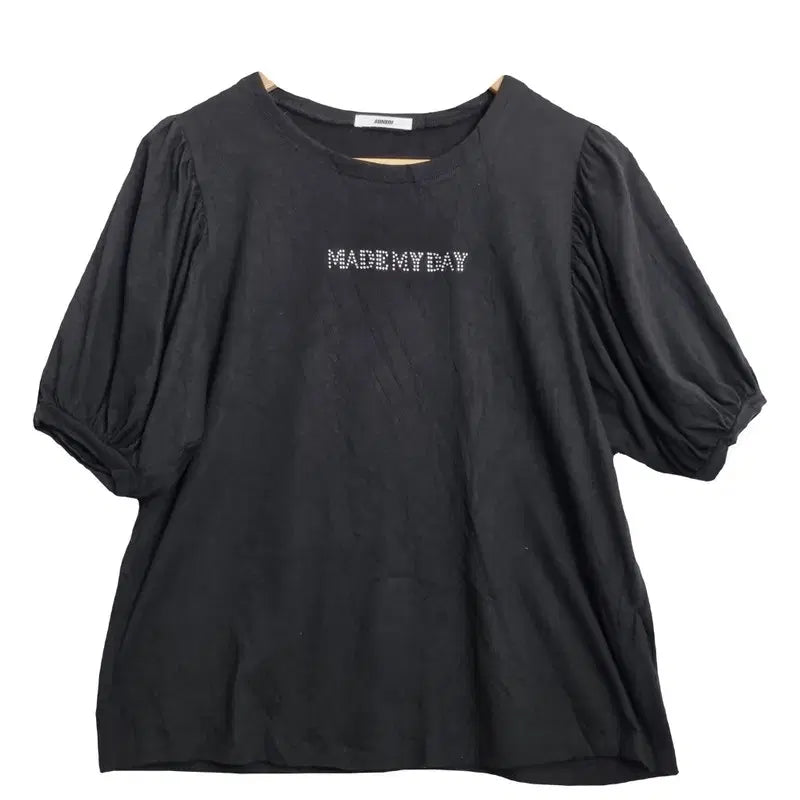 [BUNJANG] LUNEDI Black Cotton 100% Short Sleeve Puff Sleeve T-Shirt [L] / LUNEDI 블랙 퍼프소매 반팔 티 [L] 코튼 100%