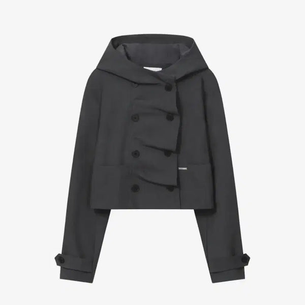 [BUNJANG] Miseki Seoul Charcoal Hooded Double Button Crop Jacket / 미세키서울 차콜 후드 더블 버튼 크롭 자켓