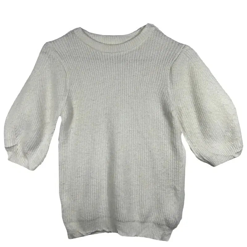 [BUNJANG] Ribbed Puff Sleeve T-Shirt Knit / 화이트 골지 퍼프 소매 반팔 니트 여성 러블리룩[XS]