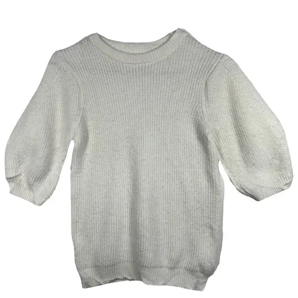 [BUNJANG] Ribbed Puff Sleeve T-Shirt Knit / 화이트 골지 퍼프 소매 반팔 니트 여성 러블리룩[XS]
