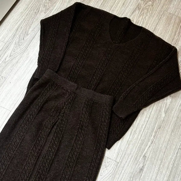 [BUNJANG] Brown V-Neck Cable Knit Two-Piece Set / 브라운 브이넥 꽈배기 니트 트피스 원피스