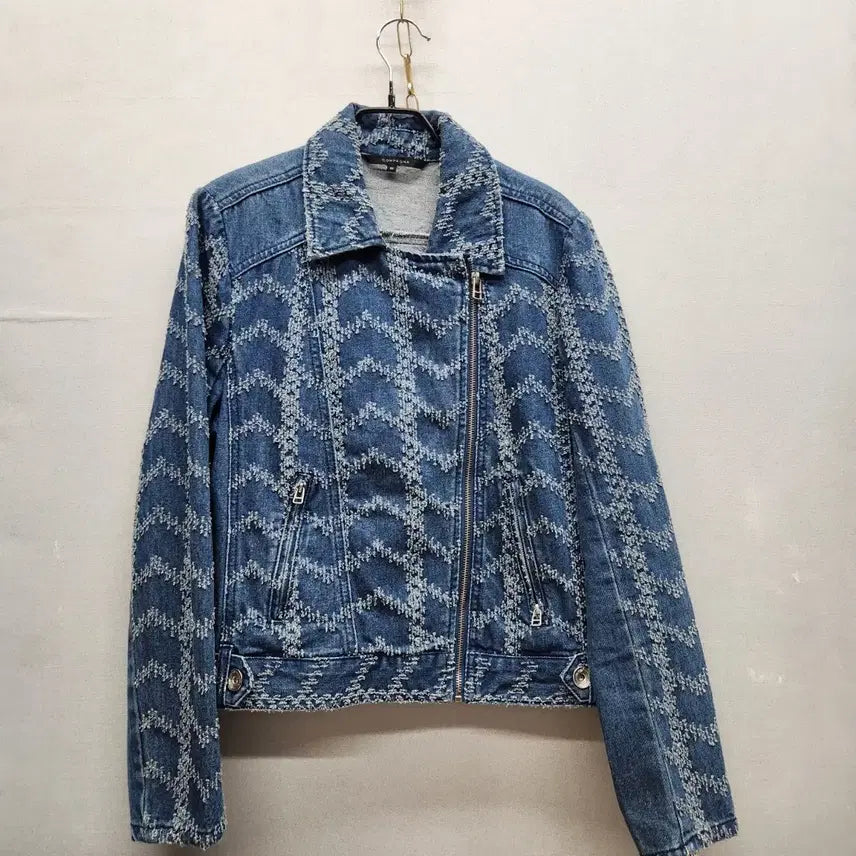 [BUNJANG] Com.pa.nia Jacquard Zigzag Pattern Rider Denim Jacket / 꼼빠니아 자카드 지그재그 패턴 라이더 데님 자켓 77(M~L)