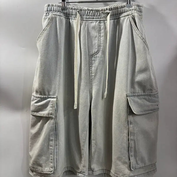 [BUNJANG] Wide Cargo Denim Bermuda Shorts (Light Blue) / [FREE] 와이드 카고 데님 버뮤다팬츠 연청 밴딩 반바지 1.8