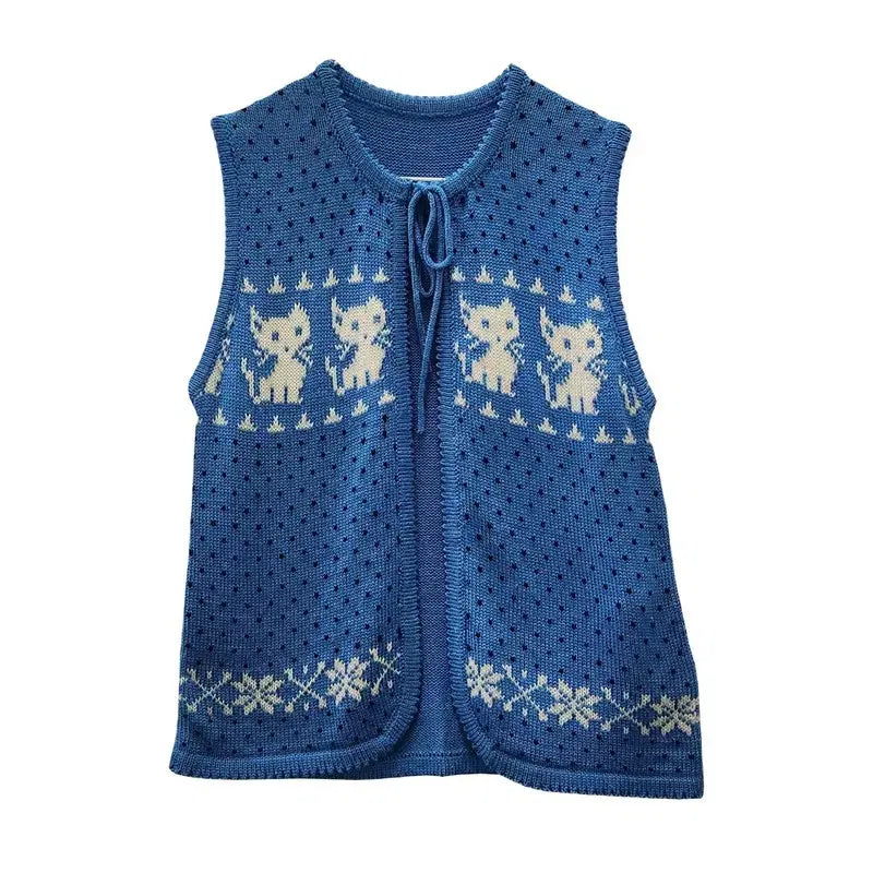 [BUNJANG] Vintage Kitsch Cat Dot Blue Knit Vest Sleeveless / 빈티지 키치캣 도트 블루 니트 조끼 슬리브리스