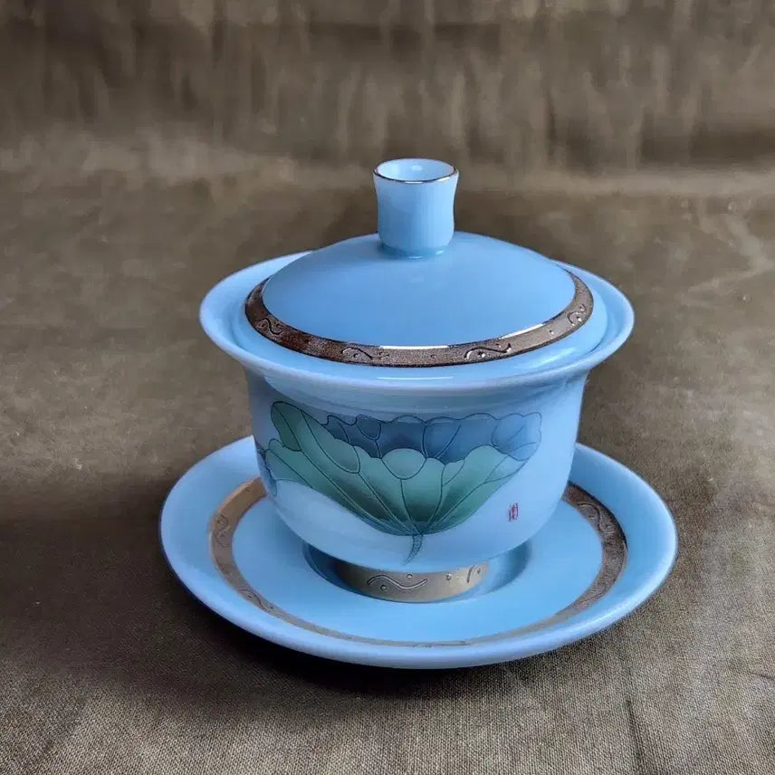 [BUNJANG] Lotus Pattern Gilt Gaiwan Set / 연꽃 무늬 고급형 금장 개완