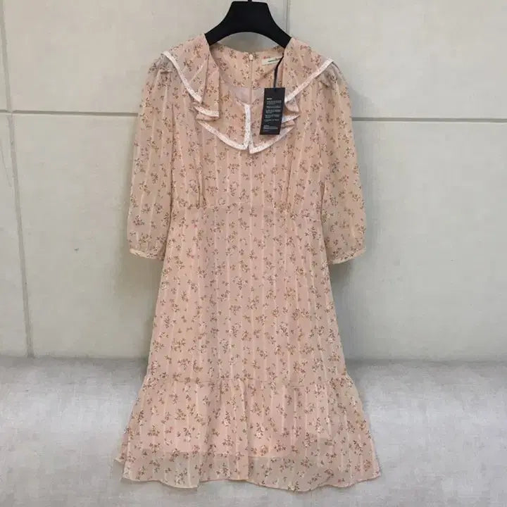 [BUNJANG] ROEM Lace Shirring Sailor Collar Flower Chiffon Dress - Coral / (새상품) 로엠 레이스 셔링카리 세일러카라 플라워 쉬폰 원피스 코랄