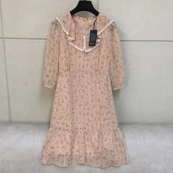 [BUNJANG] ROEM Lace Shirring Sailor Collar Flower Chiffon Dress - Coral / (새상품) 로엠 레이스 셔링카리 세일러카라 플라워 쉬폰 원피스 코랄