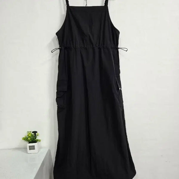 [BUNJANG] Black Cargo Strap Long Dress / 바스락 블랙 카고 멜빵 끈 원피스 90
