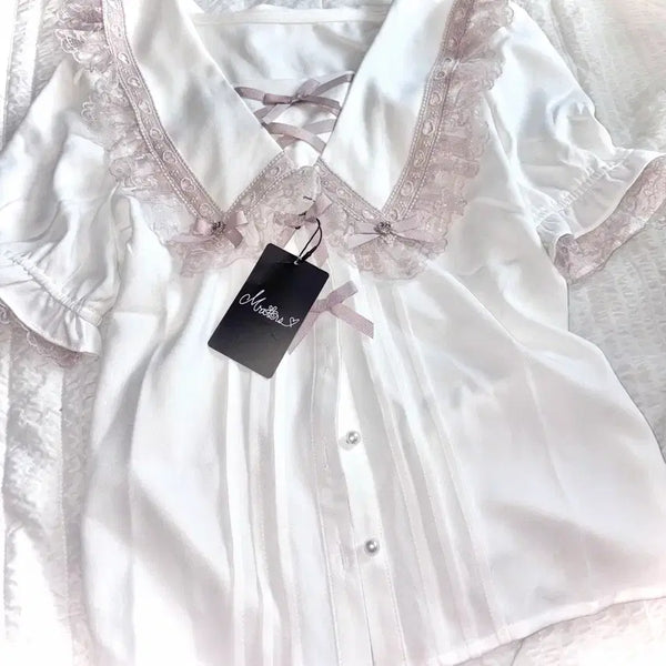 [BUNJANG] Mars Heart Lace Sailor Collar Blouse White Pink / 마즈 하트 레이스 세일러 칼라 블라우스 화이트핑크
