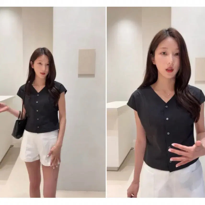 [BUNJANG] Ruel V-Neck Half Blouse Black / [새상품] 루엘 브이넥 하프 블라우스 블랙