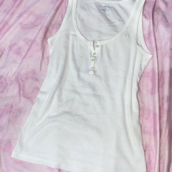 [BUNJANG] Brandy Melville White Ribbed Henley Sleeveless Tank Top / 브랜디멜빌 화이트 골지 헨리넥 민소매 나시