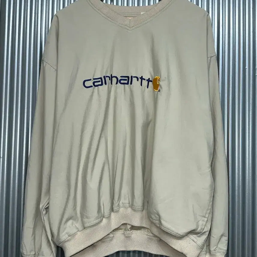 [BUNJANG] Carhartt V-Neck Logo Sweatshirt Beige XL Vintage / [110(XL)] 칼하트 브이넥 로고 맨투맨 베이지 빈티지