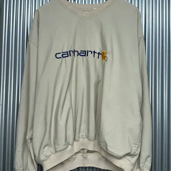 [BUNJANG] Carhartt V-Neck Logo Sweatshirt Beige XL Vintage / [110(XL)] 칼하트 브이넥 로고 맨투맨 베이지 빈티지
