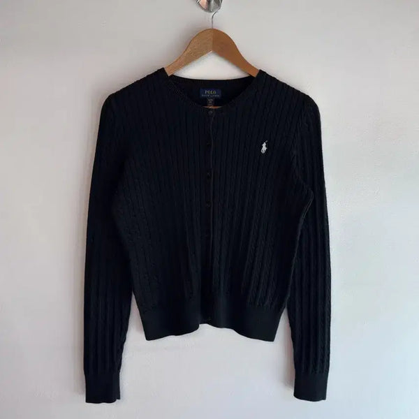 [BUNJANG] Polo Ralph Lauren Black Cotton Cable U-Neck Cardigan / 폴로 랄프로렌 신형 블랙 코튼 케이블 U넥 가디건