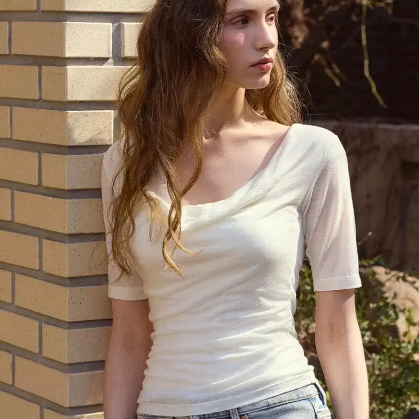 [BUNJANG] EBEMOU Drape T-Shirt Ivory S / 에브모우 드레이프 티셔츠 아이보리 s