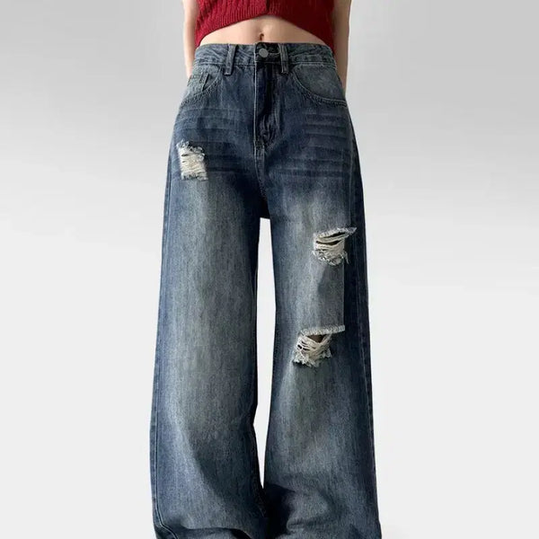 [BUNJANG] Vintage Damaged Wide Denim Pants L / 빈티지 데미지 와이드 데님 L