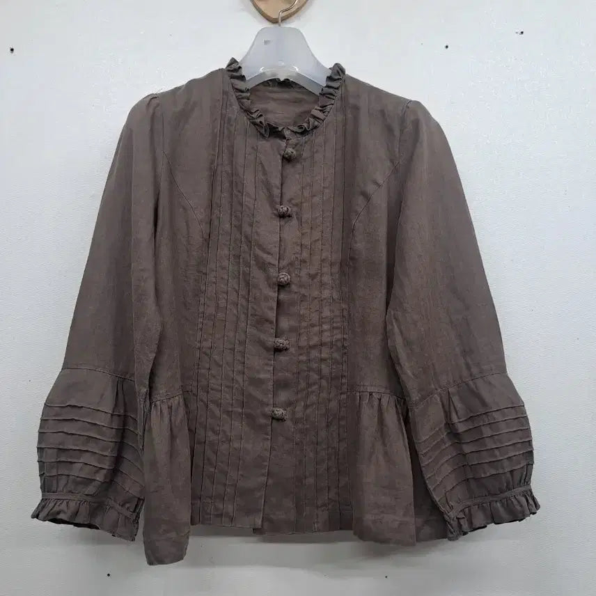[BUNJANG] Women's Brown Pleated Frill Collar Ruffle Sleeve Shirt (Size S) / 마 우리옷상의/소/