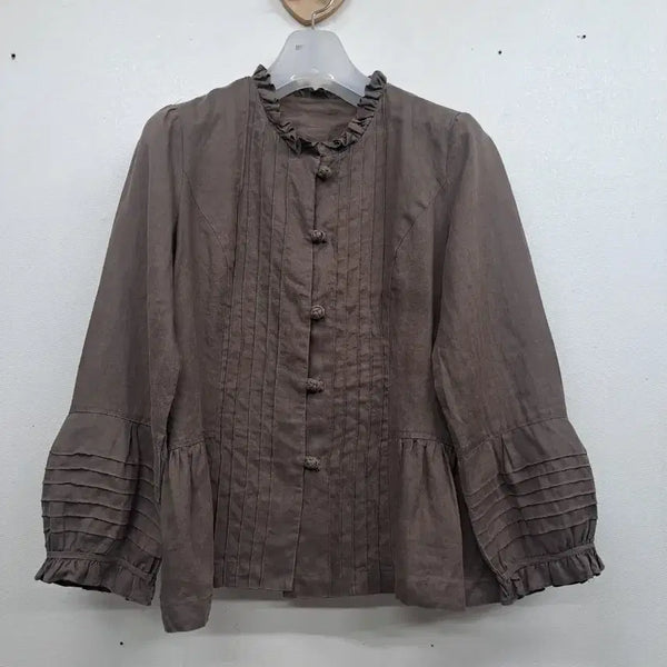 [BUNJANG] Women's Brown Pleated Frill Collar Ruffle Sleeve Shirt (Size S) / 마 우리옷상의/소/