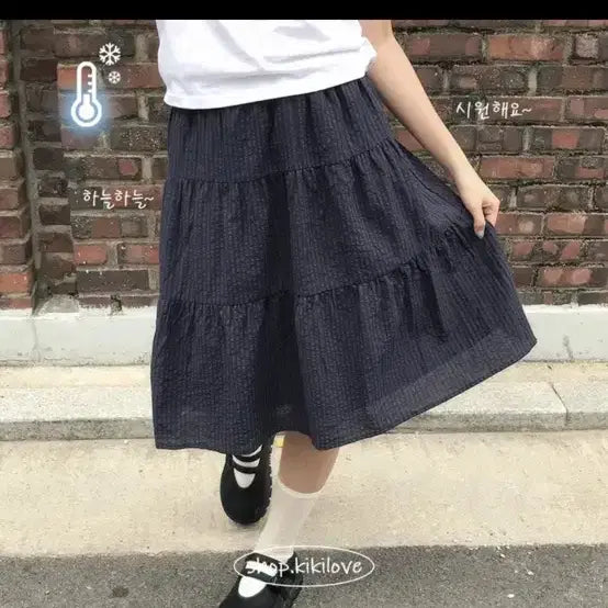[BUNJANG] Kishi Vintage Stripe Shirring Tiered Midi Linen Skirt / 키시 빈티지 스트라이프 셔링 캉캉 미디 린넨 스커트 치마 에이블리