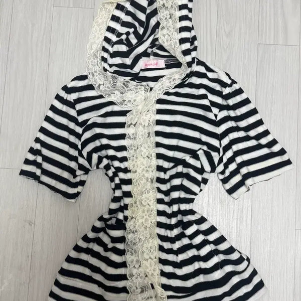 [BUNJANG] Sugar Doll Stripe Hoodie Zip-up Hime Gyaru Roomwear / 슈가돌 스트라이프 후드집업 레이스 히메갸루 룸웨어라떼갸루리즈리사모리니혼진