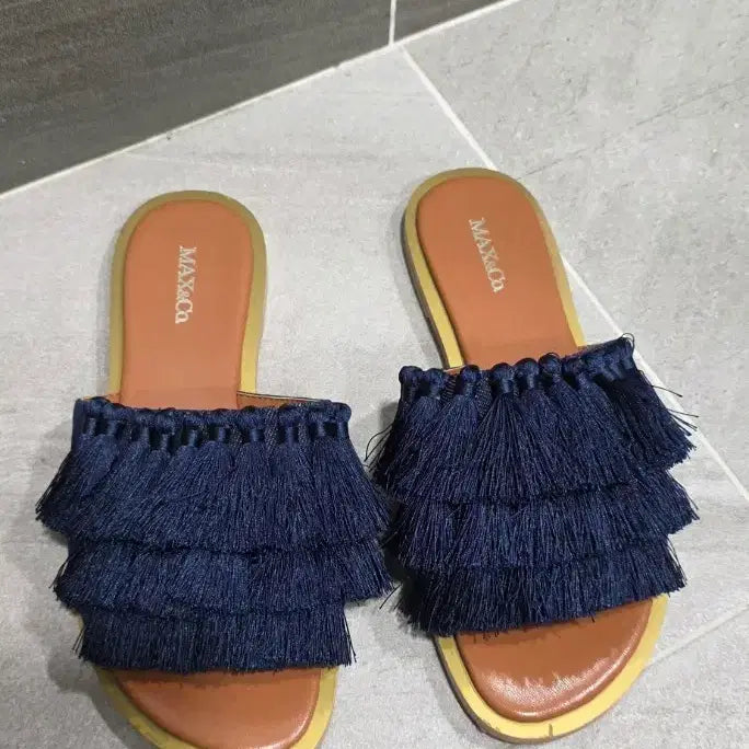 [BUNJANG] MAX&Co. Denim Fringe Flat Slide Sandals / MAX&Co 막스앤코 ,  데님 프린지장식 샌들