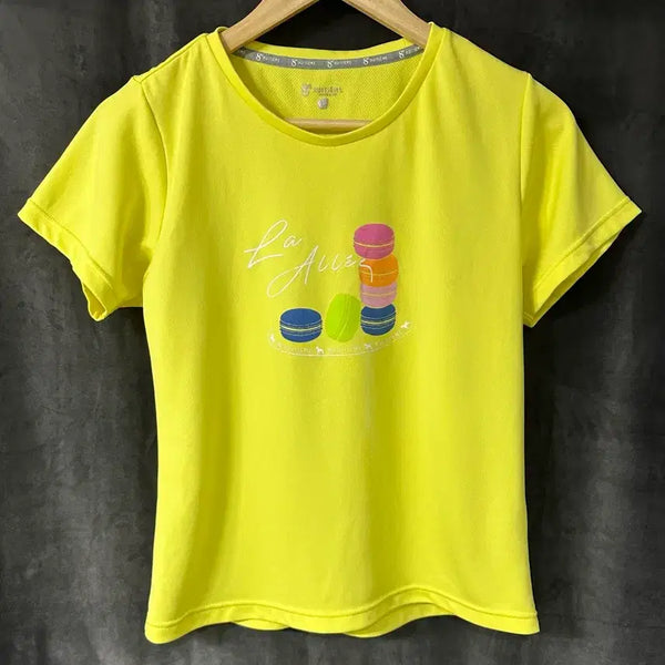 [BUNJANG] 8e HUITIEME Women's Functional Sport T-Shirt Neon Yellow Macaron Print / 8e HUITIEME 여성 기능성 스포츠 반팔 티셔츠 네온 옐로우 마카롱