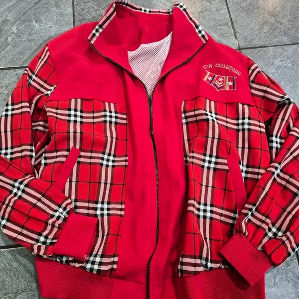[BUNJANG] CR Collection Check Color-Blocked Zip-Up Jacket / CR 컬렉션 체크 배색 집업 자켓100
