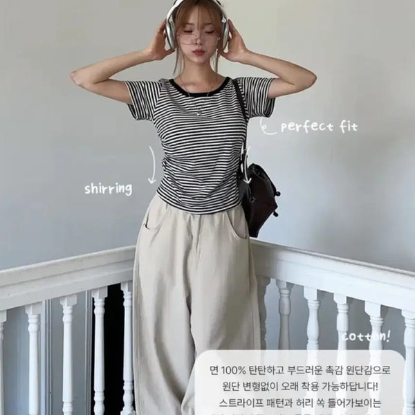[BUNJANG] Ruched Striped Short Sleeve Top / 셔링 줄무늬 반팔