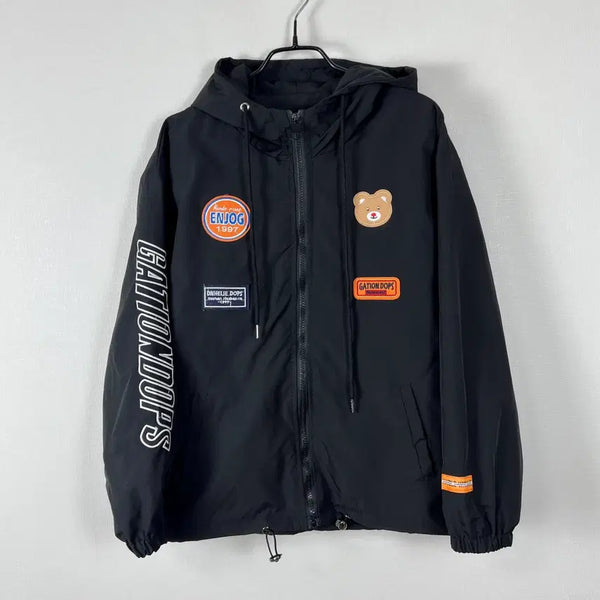 [BUNJANG] Bear Patch Black Windbreaker Jacket Women's S / 곰돌이 패치 블랙 바람막이 자켓 점퍼 여S 라덴 빈티지
