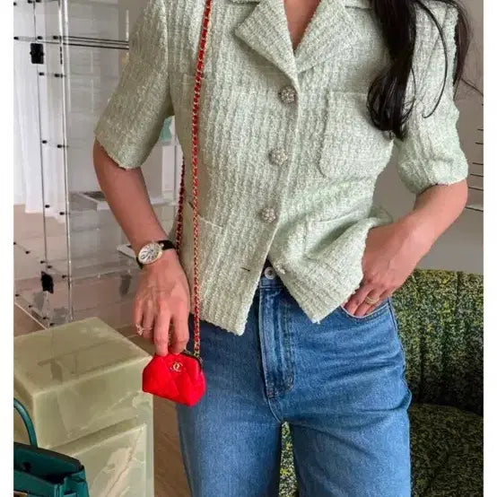 [BUNJANG] La Bambam Room Tweed Short Sleeve Jacket Mint S / 라밤바룸 트위드 반팔 자켓 민트 s