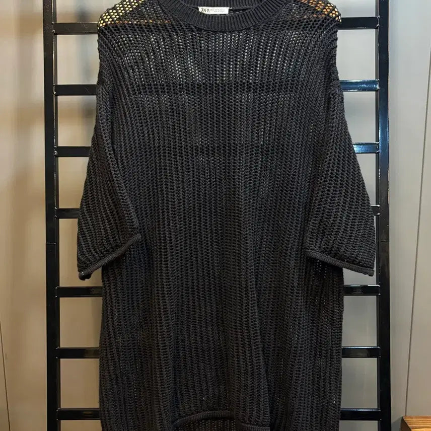 [BUNJANG] ZARA Crochet Knit Oversized Short Sleeve Long T-shirt Black XL / [105(XL)] 자라 크로쉐 니트 오버핏 반팔 롱 니트티 블랙 2.5