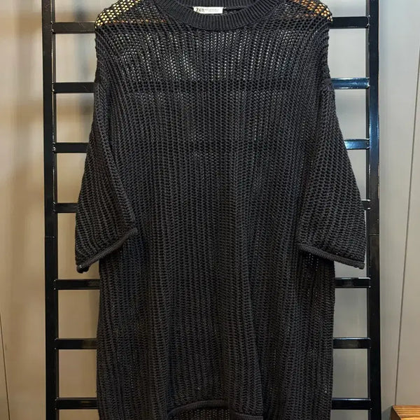[BUNJANG] ZARA Crochet Knit Oversized Short Sleeve Long T-shirt Black XL / [105(XL)] 자라 크로쉐 니트 오버핏 반팔 롱 니트티 블랙 2.5