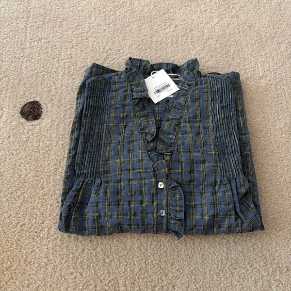 [BUNJANG] Via Plain Victoria Frill Check Blouse / 비아플레인 빅토리아 프릴체크 블라우스