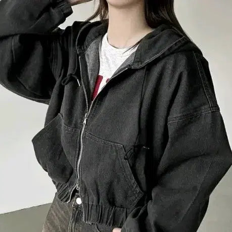 [BUNJANG] Amebly Black Denim Hooded Jacket Jumper / 에이블리 후드 흑청자켓 데님 점퍼