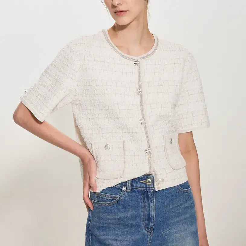 [BUNJANG] TIME Glitter Collarless Knit Jacket / 타임 글리터 칼라리스 니트 자켓