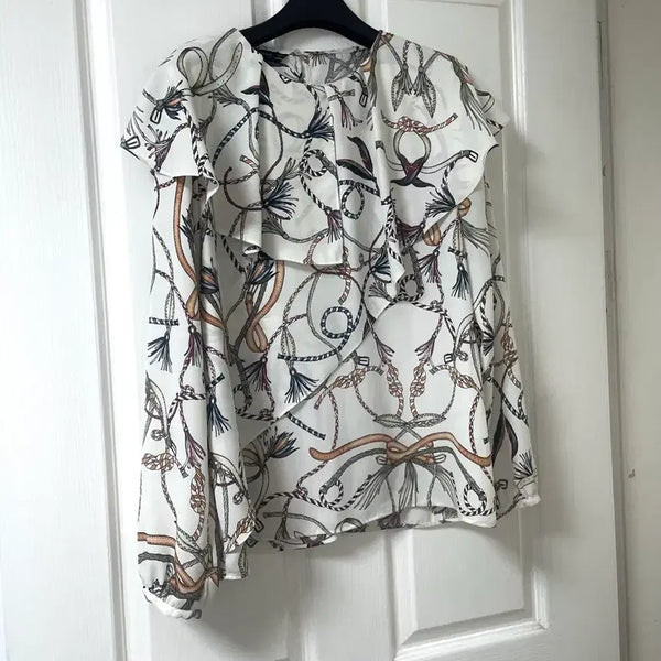 [BUNJANG] Zara Chain Pattern Ruffle Collar Long Sleeve Blouse S / 자라 케이프 빅카라 프릴 체인 패턴 긴팔 블라우스 s