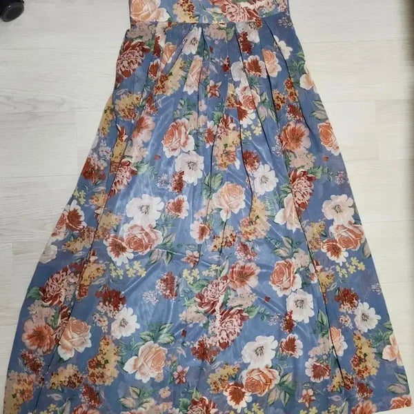 [BUNJANG] Blue Floral Chiffon Maxi Skirt / 파란색 플라워 롱 스커트