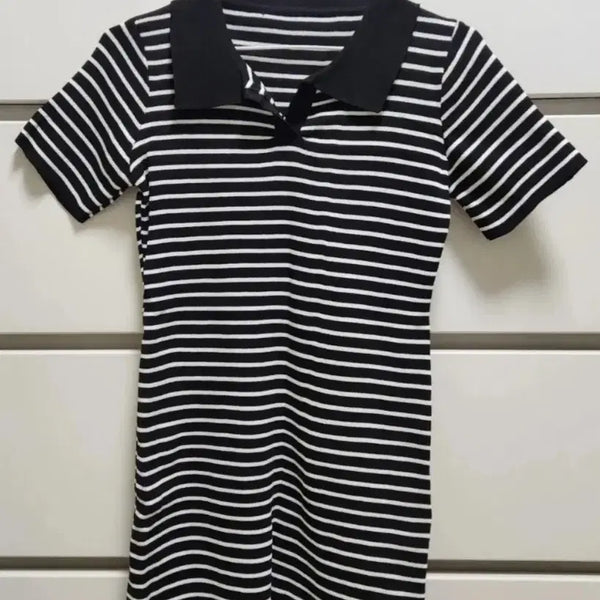 [BUNJANG] Black Collar Stripe Mini Dress (New) / (새 제품) 검정색 카라 스트라이프 미니 원피스